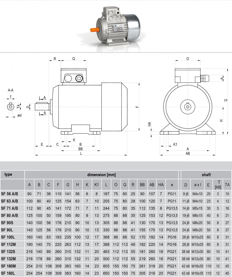 Motore elettrico modello SF63-­2A dimensioni B3